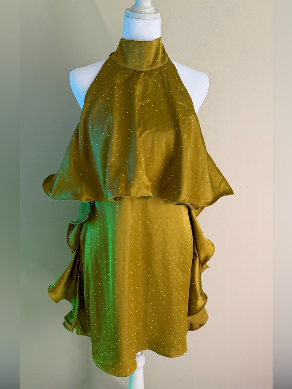Badgley Mischka Olive Green Halter Ruffle Mini Dress